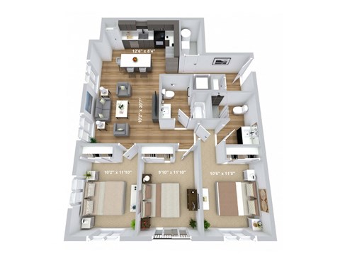 Floor plan for 3 beds, 2 baths, 1178 sqft